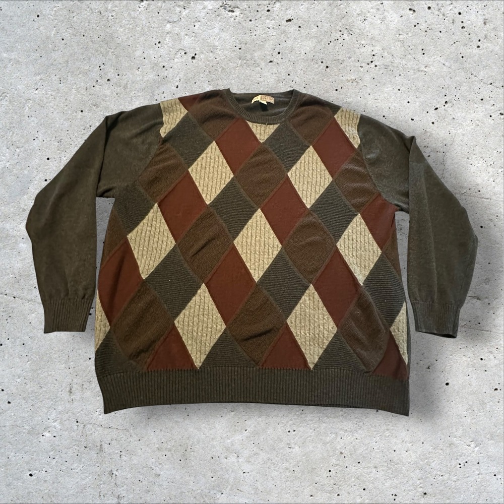 Joseph Abboud Argyle Sweater Mens XXL Multi Brown Cotton Crewneck Pullover